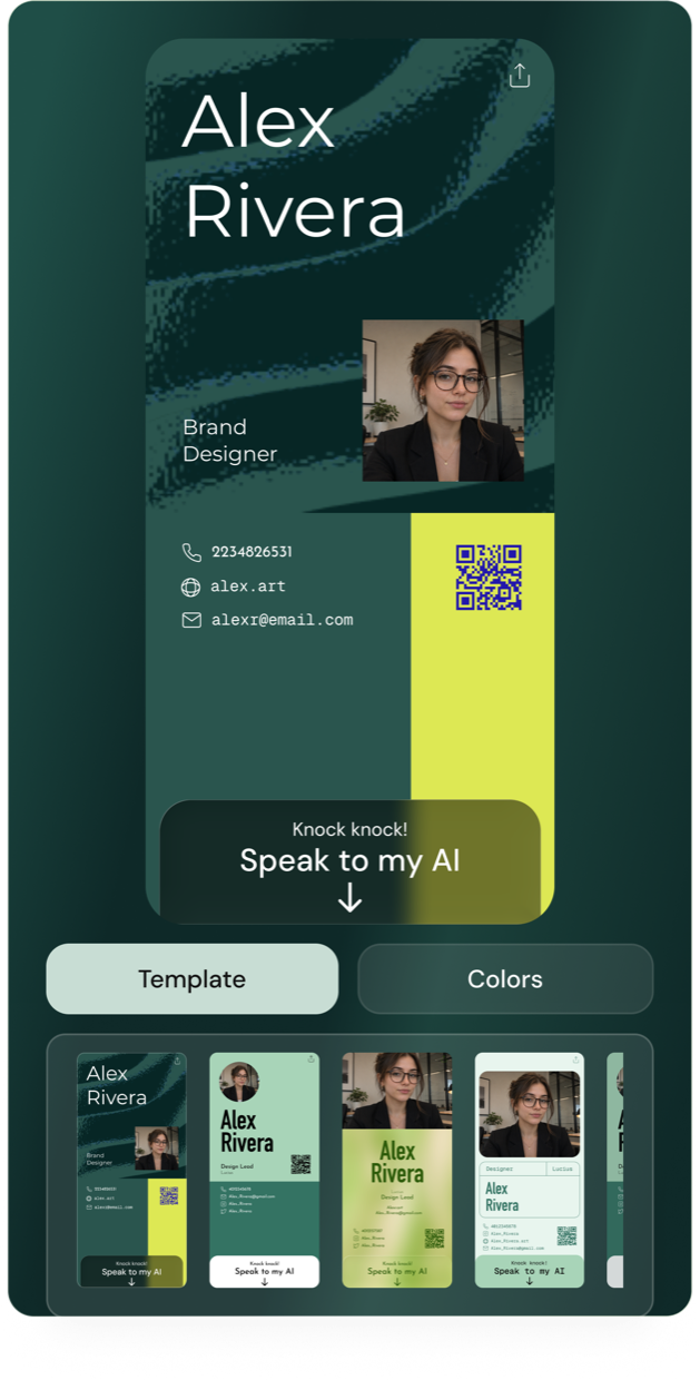 Knockin card editor with an Alex Rivera business card, AI conversation entry, template choices, and color controls