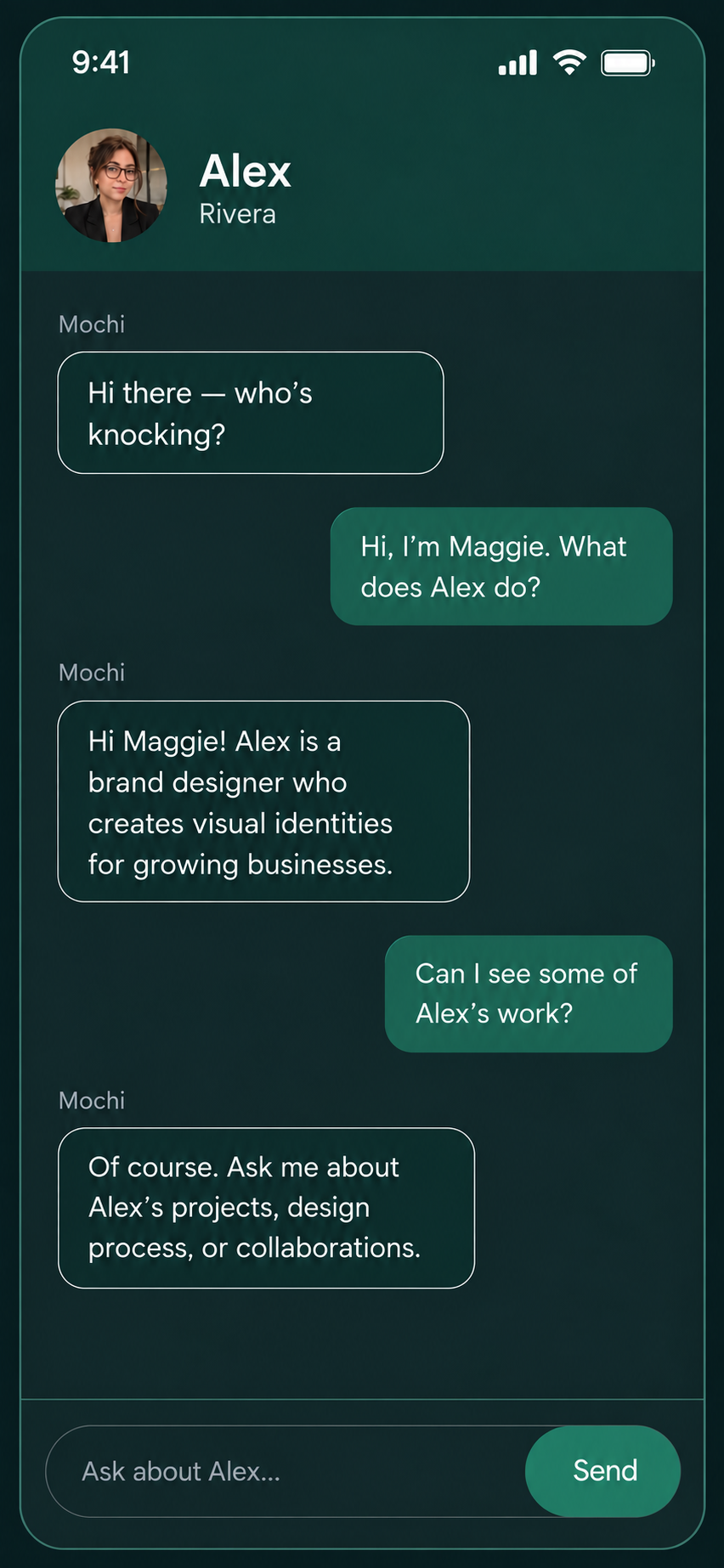 Illustrative visitor conversation after opening Alex’s shared Knockin card: asking what Alex does and exploring their work with the AI