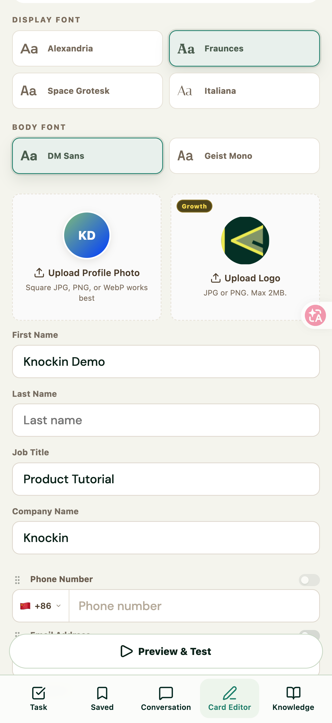 Figure 04 | Font options, profile photo upload, and personal details