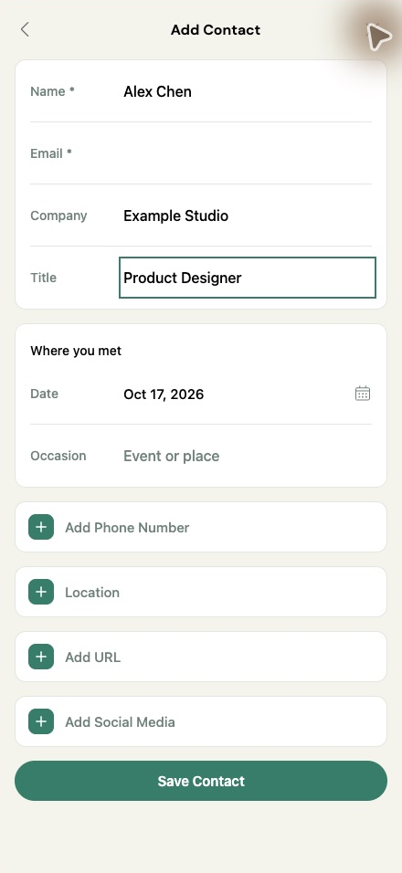 Figure 40B | Contact details and where you met, with fictional sample data