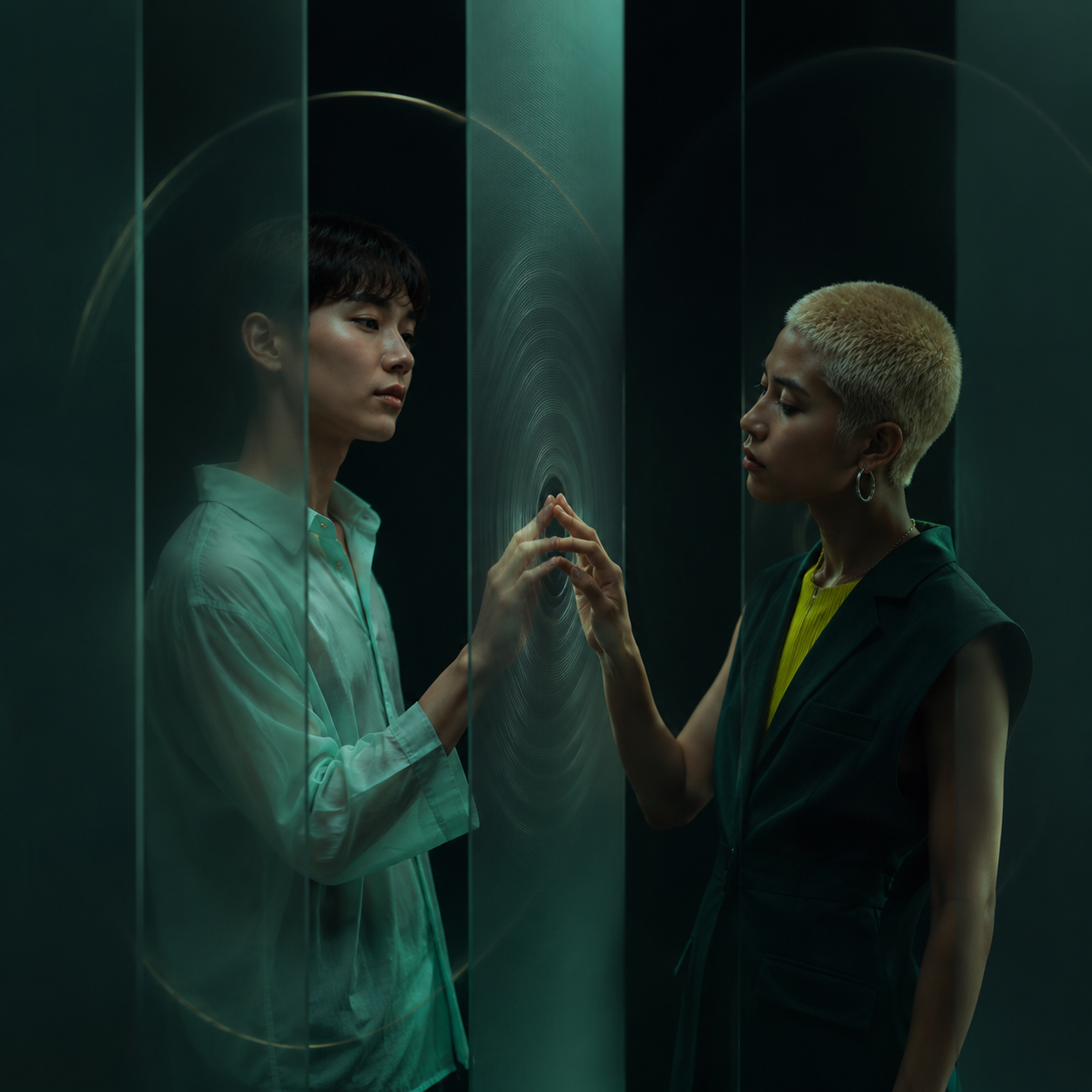 Two people meeting through a reflective surface