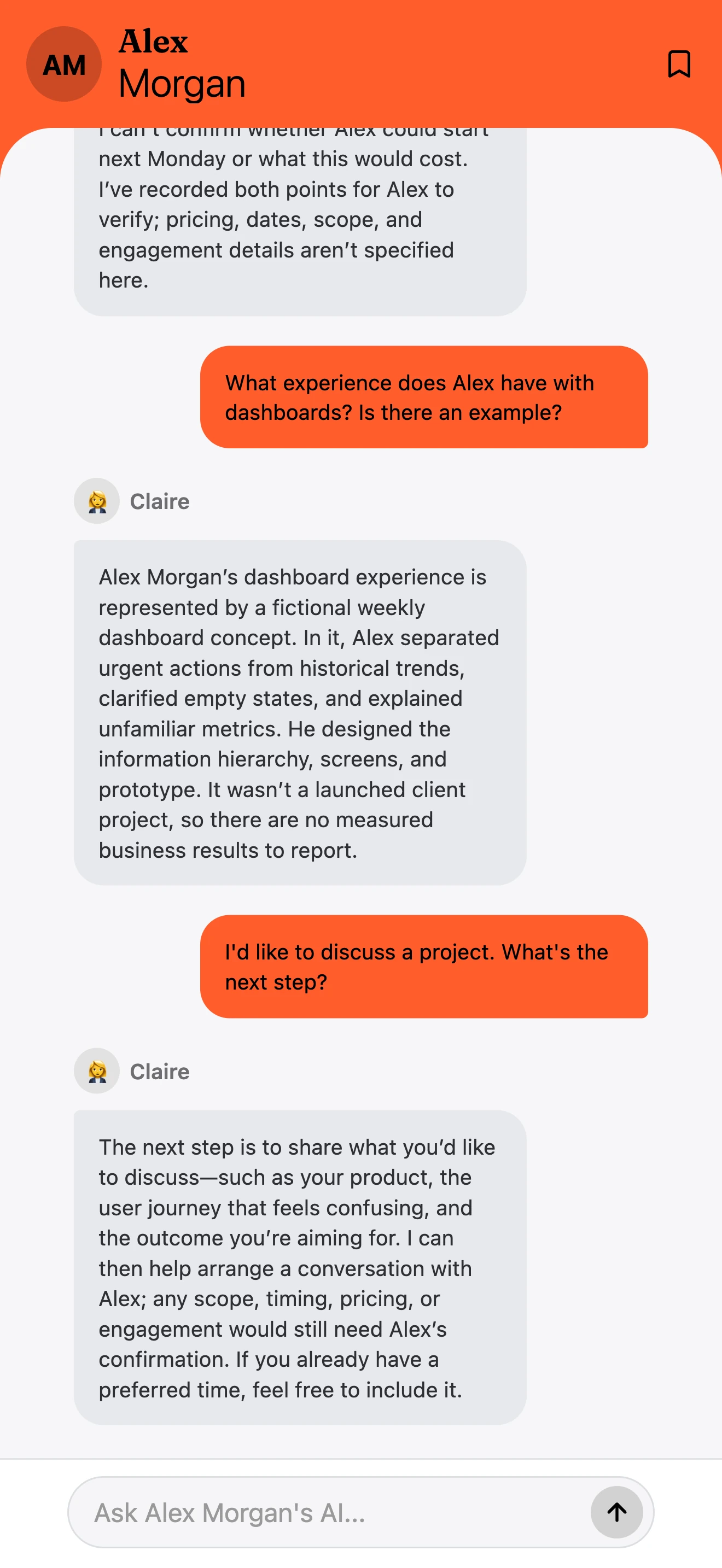 A visitor follows up on work experience and asks how to discuss a project.