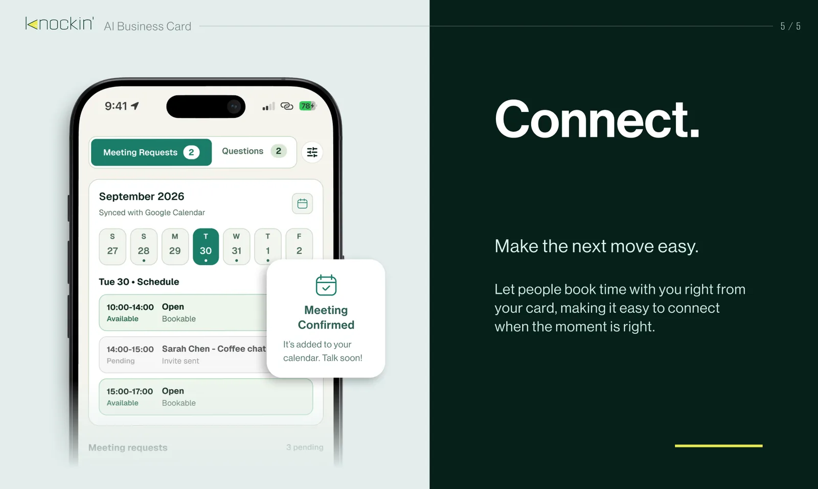 Connect your calendar once — visitors book time from your card, and you confirm before anything is scheduled