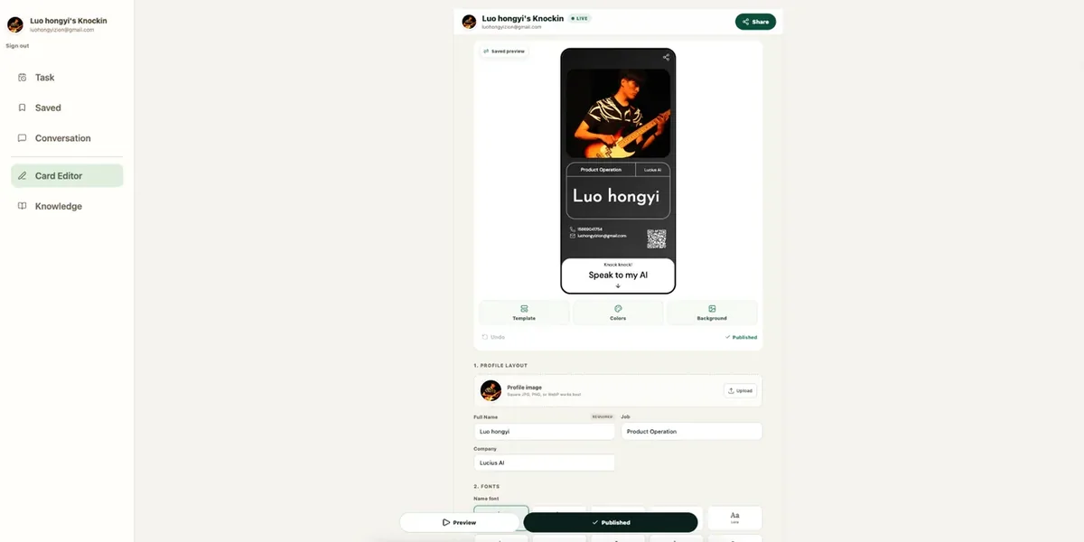 The Card Editor is where your public first impression takes shape — profile, styling, and Showcase in one place
