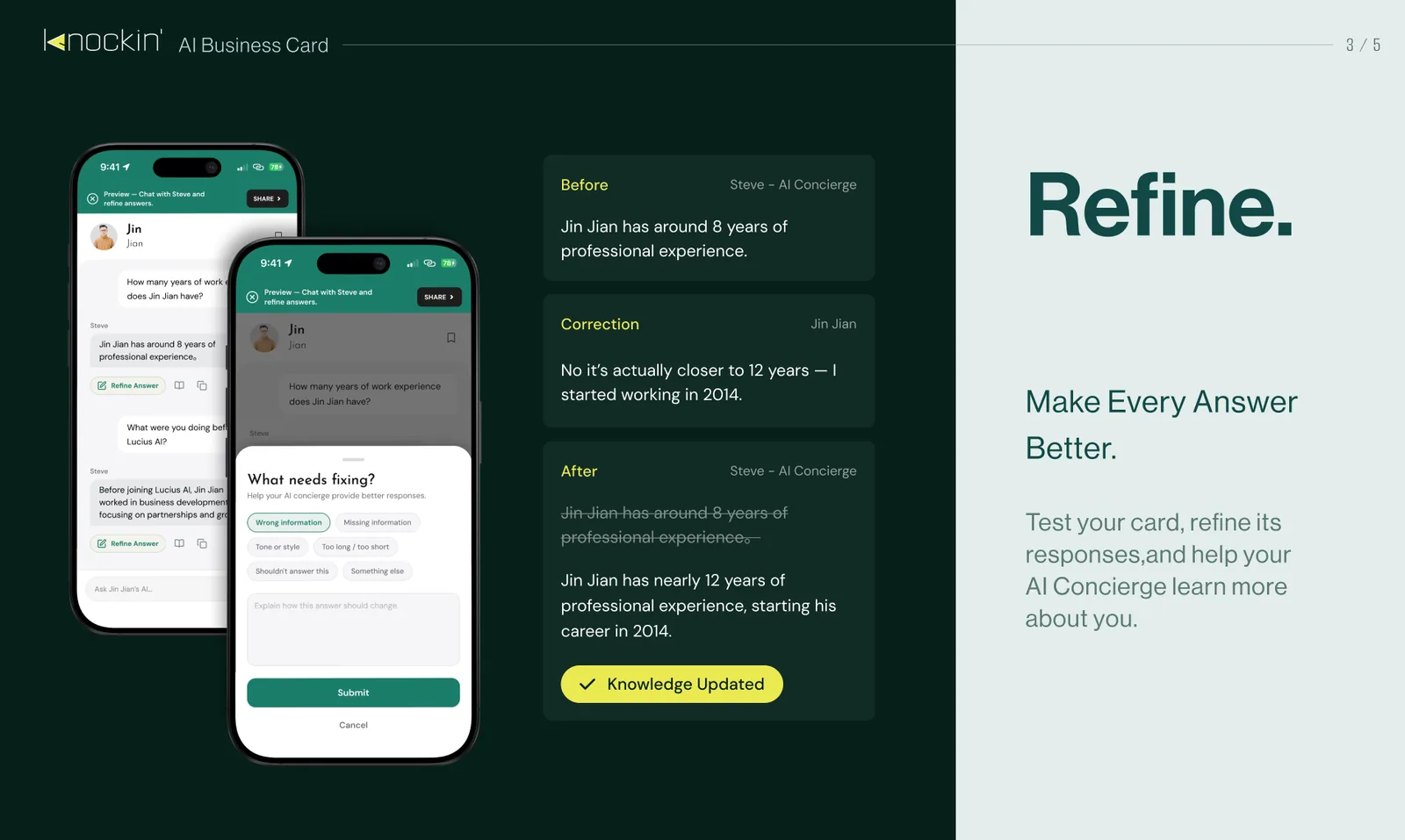 Refine an answer in Chat Preview — a correction becomes Knowledge instantly