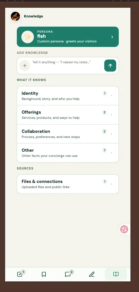 Knowledge is where your concierge learns who you are — persona, categories, and uploaded files all feed the same memory