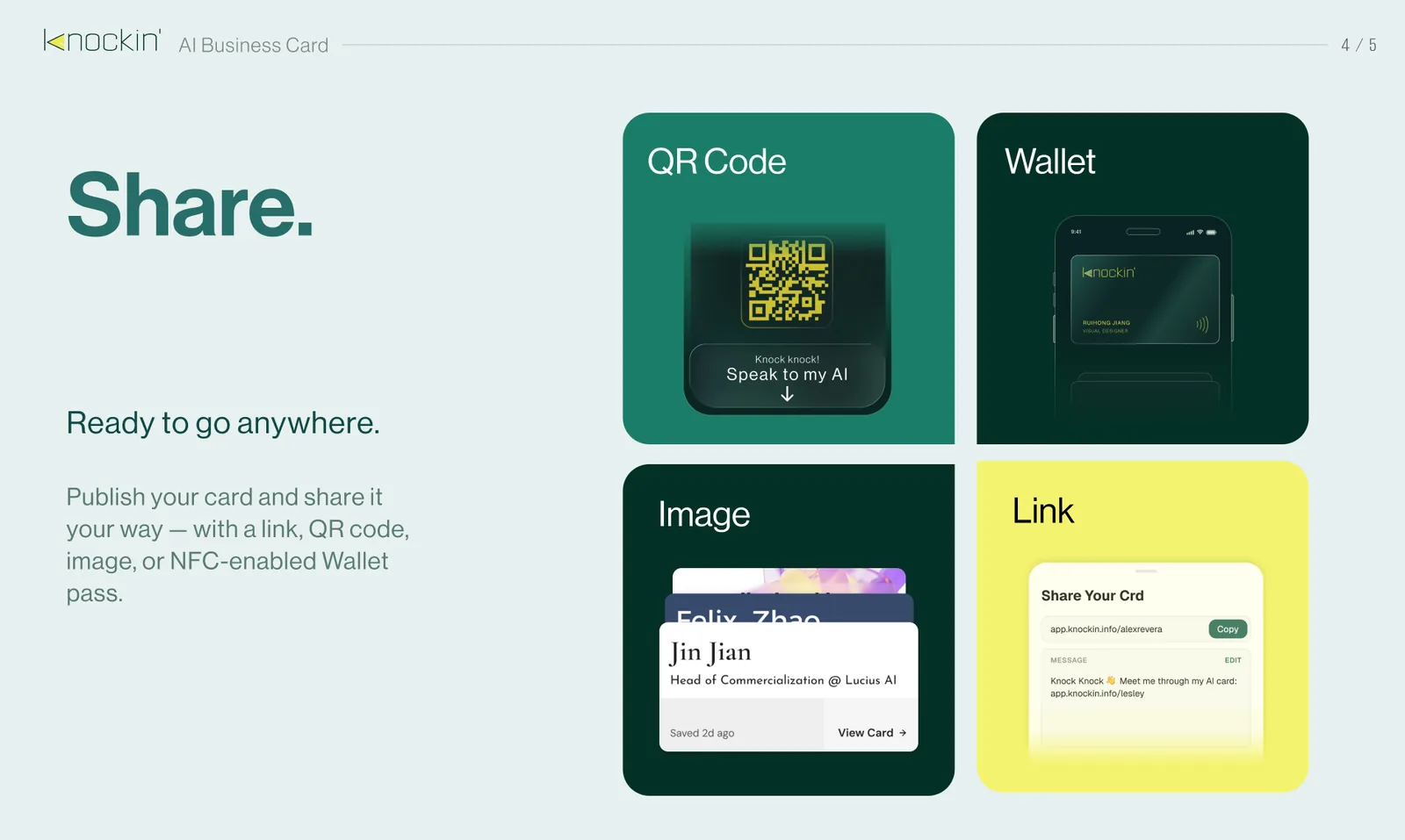 Share your way — link, QR code, image, or an NFC-enabled wallet pass