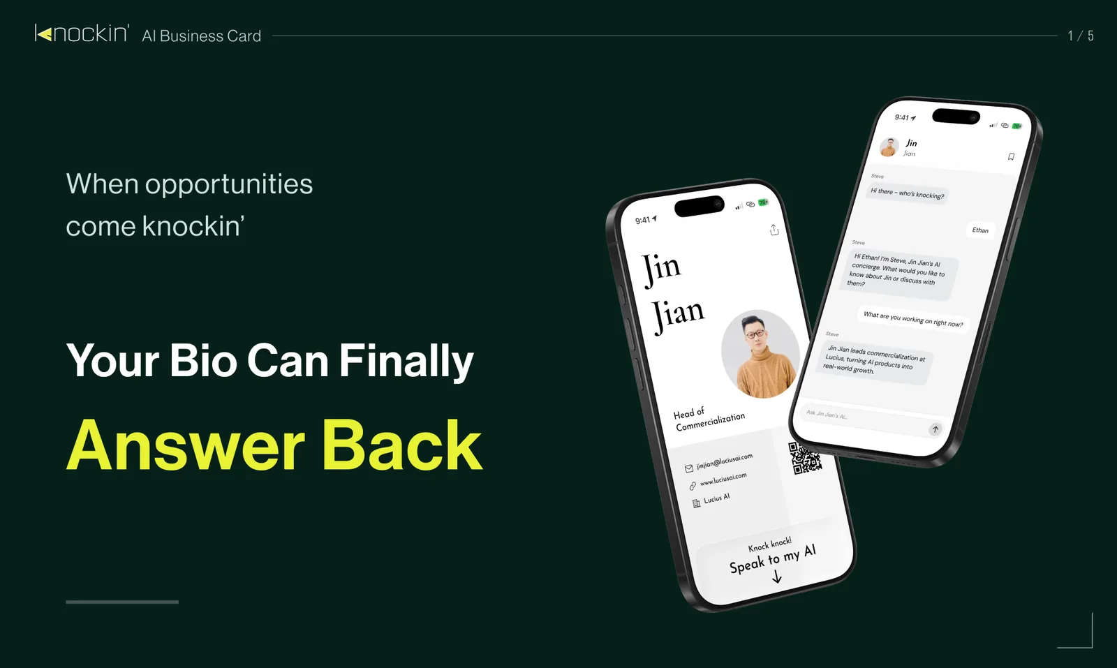 A live Knockin card — when opportunities come knockin', your bio finally answers back